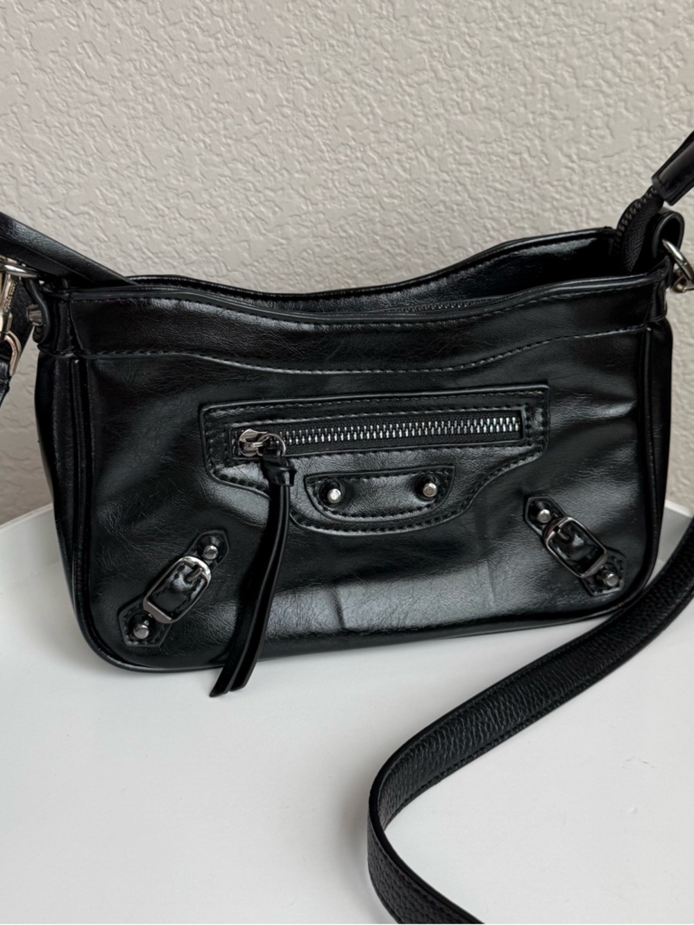 PS Faux Leather Moto-Style Black Crossbody Bag
